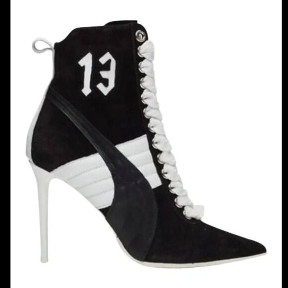 NEW Puma Rihanna Black White Lace Up High Heel Suede Boots Size 10 - Picture 3 of 17
